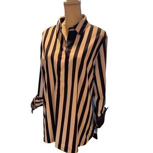 Chico's Navy and White Striped Shirt with Denim Trim and Bows on Sleeves No Iron